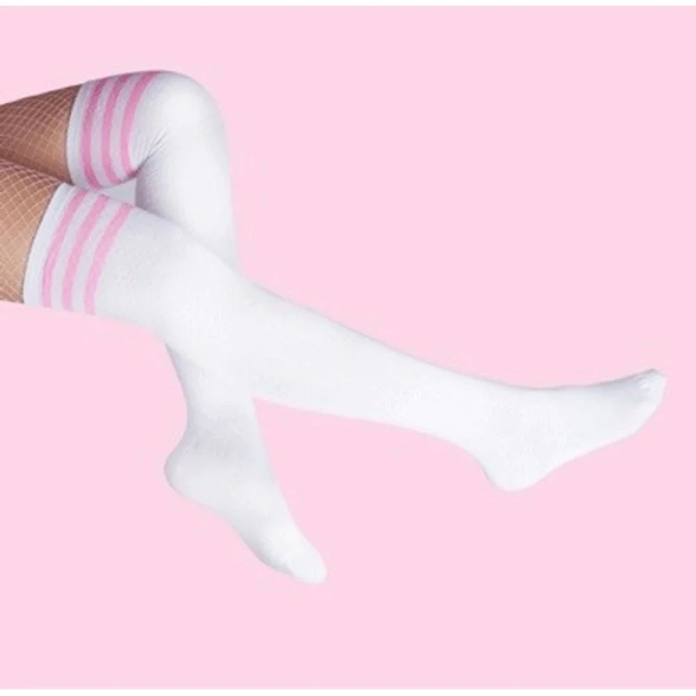 White with 3 Pink Stripes Over the Knee Tall Socks ONE SIZE School Girl NEW